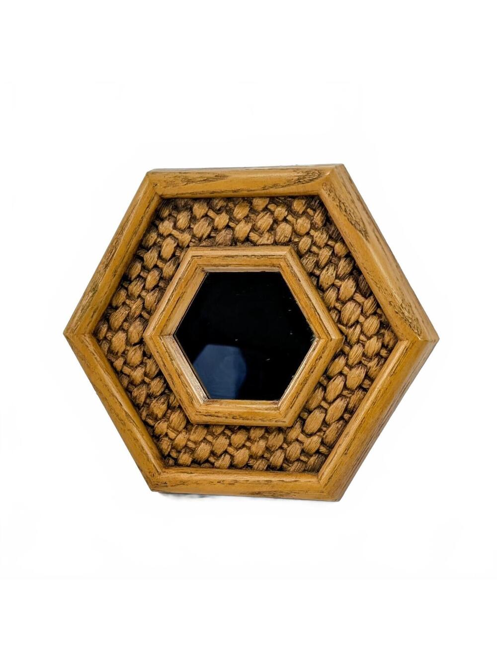 HOMCO Hexagon Mirror, Rattan Woven Texture Wood Frame 8.75"